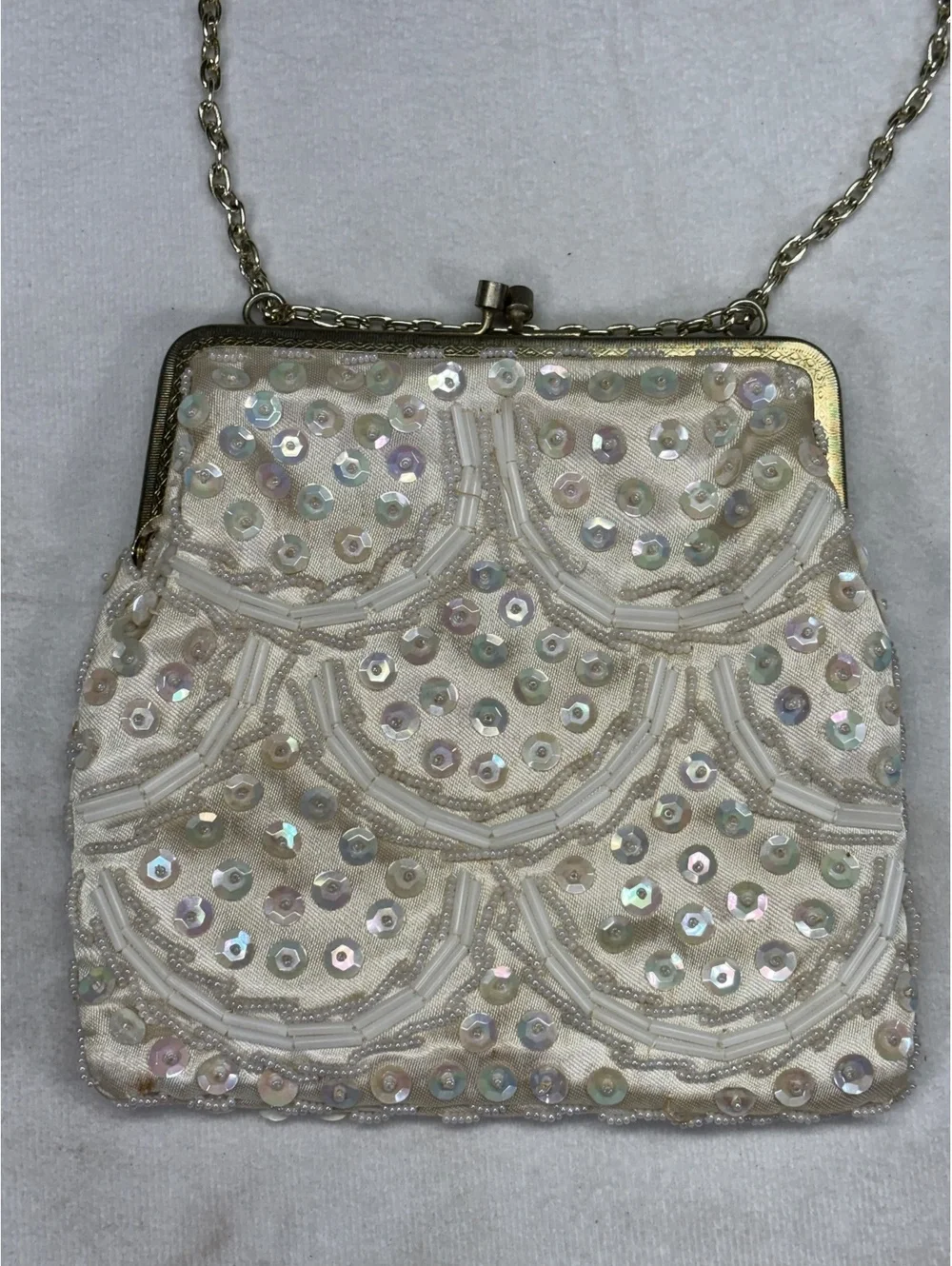 Vintage White Beaded Evening Bag with Chain Strap Made in Hong Kong